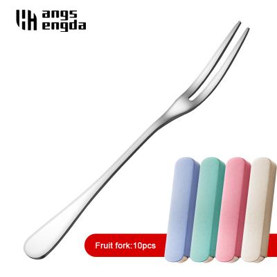 China 10 Pieces Set Stainless Steel Fork Cutlery Set Two-Toothed Snacks Viable Instrument Stainless Fruit Sticks Fruit Cake Dessert Fork for sale