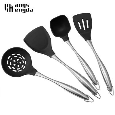 China 4 Pcs Food Grade Silicone Stainless Steel Sustainable Kitchenware Cooking Tool Kits Kitchen Supplies Black Kitchenware Set for sale