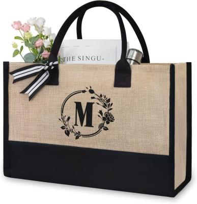 China Reusable Custom personalized wedding birthday holiday teacher friend bridesmaid gift initials tote jute beach bag for sale