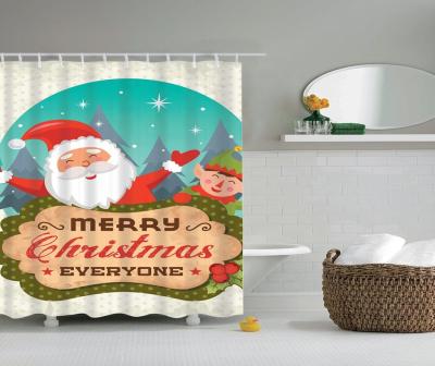 China Sustainable Bathroom Custom Printed Waterproof Polyester Christmas Designer Shower Curtain With C Hook for sale