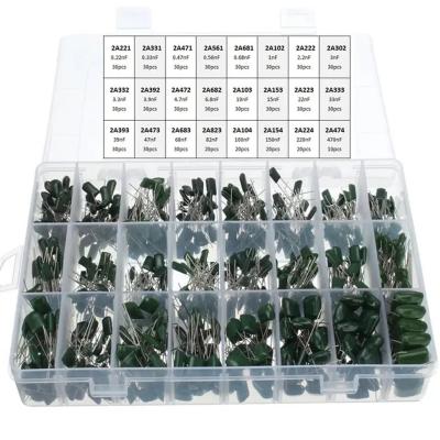 China Geïntegreerde schakelingen IC 24Value Capacitor kit 100V 2A221J tot 2A474J Polyester filmcapacitor assortiment kit 0.47nF 0.68nF 1nF 2.2nF Capacitors Te koop