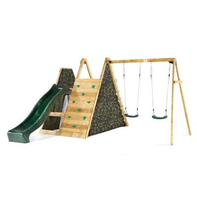 China Modern Outdoor Playground Durable Wooden Climbing Pyramid With Swings Set And Plastic Slide for sale