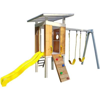 China Modern Outdoor Modern Colorful House Wooden Swing Set With Slide And Climbing For Kids And Children for sale