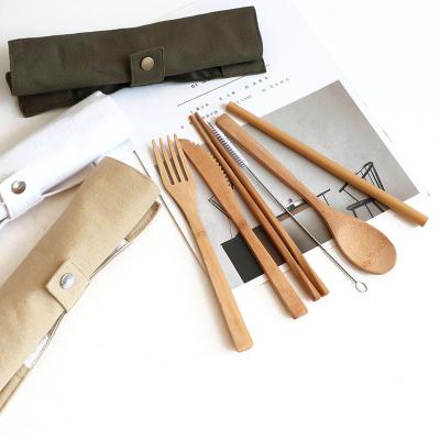 China Sustainable 100% Natural Bamboo Wood Fiber Material Travel Fork Spoon Reusable Camping Cutlery Set With Straw for sale