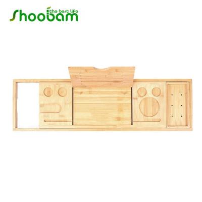 China Sustainable Natural Bamboo Bath Tray Wooden Extendable Caddy with Wine Glass Holder, Book Rest, Candle Set for sale