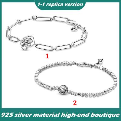 China Vintage 925 Sterling Silver Glitter Halo Tennis Racket Bracelet Mother's Day Flower Bracelet Suitable For Original Bracelet for sale