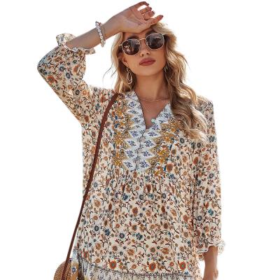 China 2021 New Arrival Floral Print V-neck Breathable Long Sleeve Women's Summer Casual Dress For Women for sale