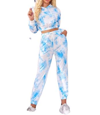 China Women's Autumn Winter Casual Cotton Tie Breathable Set Dyed Print Two Piece Set Sweat Suits for sale