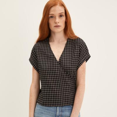 China Regular Women's Gingham SS Wrap Top Short Sleeve Plaid Blouse for sale