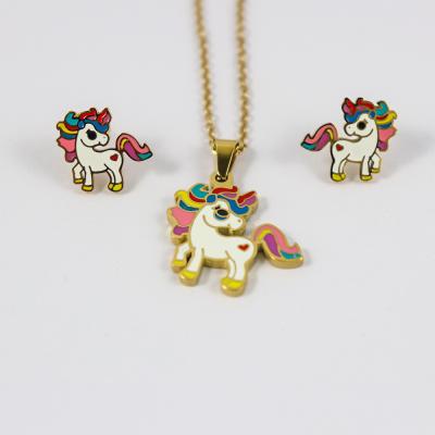 China Wholesale Jewelry Durable Oil Painting Horse Necklace Set Cartoon Stainless Steel Earrings Pendant Necklace Set For Women Te koop