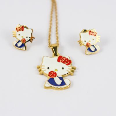 China New Fashion Stainless Steel Jewelry Durable Cat Pendant Necklace Earrings Animal Set Shaped Oil Gold Plated Kids Gift Bridal Custom Te koop