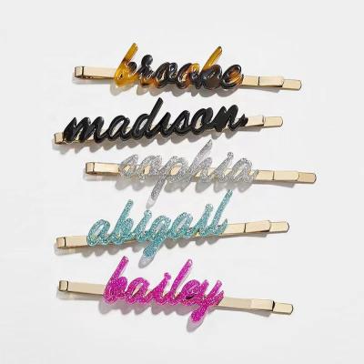 中国 Fashion Logo Acetate Hair Bobby Pins Custom Made Glitter Letter Acrylic Hair Pins For Girls 販売のため