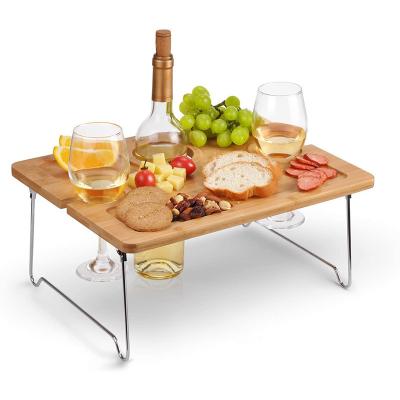 China Traditional Custom Folding Picnic Table With Wine Racks Indoor Outdoor Bed-2 Sets Bamboo Wood Portable Foldable Wine And Snack Table for sale