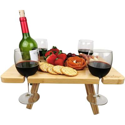 China Creative Traditional 2 in 1 Foldable Portable Picnic Table Wine Glass Holder and Champagne Picnic Snack Table Tray Compartment Dish for sale