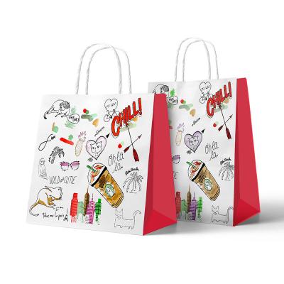 China Hot Sale Custom LOGO Printed Craft Paper Milk Tea Packaging Bag Cake Packaging Bag With Handle Cheap Price Bag 21*14*27cm for sale