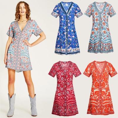 China Anti-Wrinkle Summer Wrap Bohemian Floral Women's Sleeve Dress Basics Fake for sale