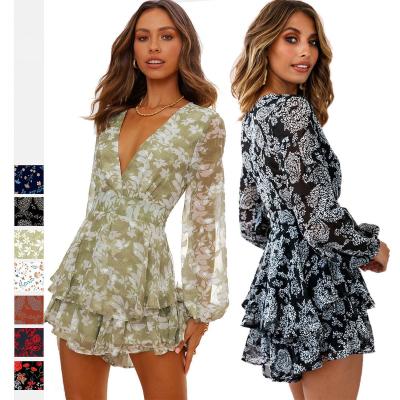 China QUICK DRY Sexy V-Neck Summer Women's Print Loose Ruffle Romper Floral Overalls Shorts for sale