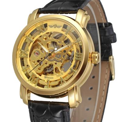 China WINNER 8078 Gold Watch Mens Elegant Mechanical Watch Leather Strap Mechanical Water Proof Small Skeleton Design for sale