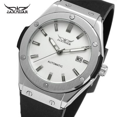 China JARAGAR 8107 Silver Mens Mechanical Watch Leather Band Water Resist Automatic Skeleton In Running Watch Kit for sale