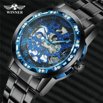 China Official Winner 454 Luxury Mechanical Watches Mens Blue Dial Water Resistant Iced Out Skeleton Watch Stainless Steel Strap Watch for sale