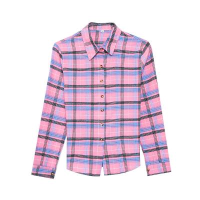 China 2022 Breathable Custom Clothing Women Long Sleeve Cotton Blouse Women Autumn Plaid Blouse Korean Style for sale