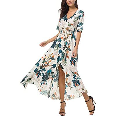 China Spring and summer new version spring and summer casual dress popular anti-static popular Korean V-neck printing thin mid-length skirt for sale