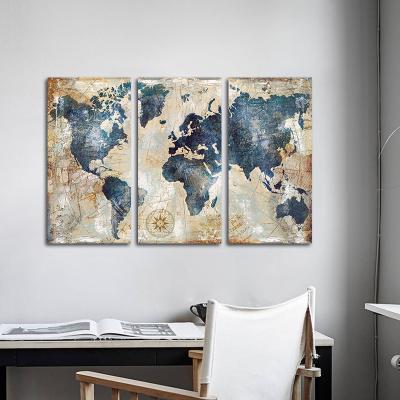 China Wholesale Waterproof+ECO-Friendly 3 Pieces Retro World Map Canvas Painting Abstract Worldmap Posters and Prints for Living Room Office Wall Decor for sale