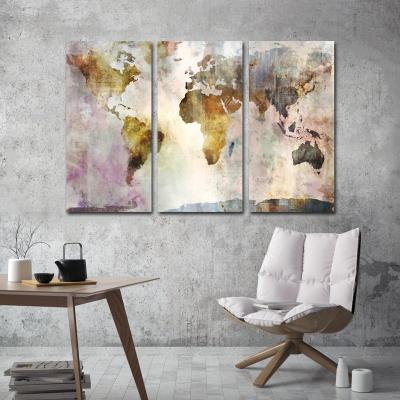 China Waterproof+ECO-Friendly Retro Watercolor Painting World Map 3 Panels Abstract Design Wall Art Canvas Print And Poster Decorations For Office Room for sale