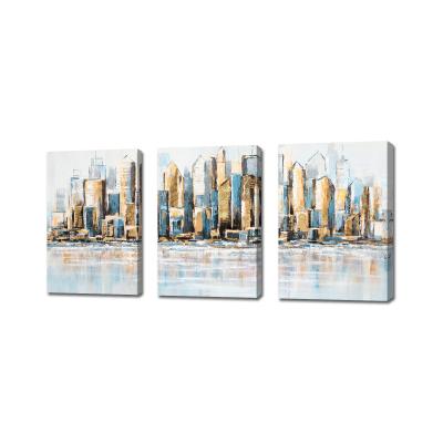 China Waterproof+ECO-Friendly 3 Panels 100% Hand Paint Abstract Cityscape Oil Painting Group Canvas Painting Wall Art For Living Room Decoration for sale