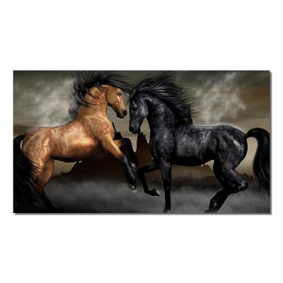 China Modern Running Oil Painting HD Print Waterproof+ECO-Friendly God and Black 2 Horses On Canvas Poster Wall Art Picture For Living Room for sale