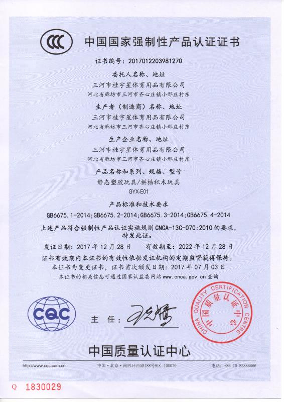 CCC - Sanhe City Guiyuxing Sporting Goods Co., Ltd.