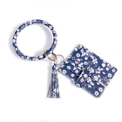 China 2022 Set PU Leather Keychain ID Card Flower Purse Bracelet Bangle Key Chain PU Credit Card Wallet Leather Key Chain Set for sale