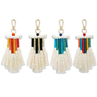 China Handmade Cotton Yarn Boho Colorful Thread Brass Key Chain For Bag Cute Braided Tassel Key Chains for sale