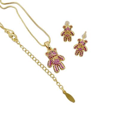 China BOHEMIA High quality gold-plated colorful zircon earrings and necklace women teddy bear zircon jewelry set for sale