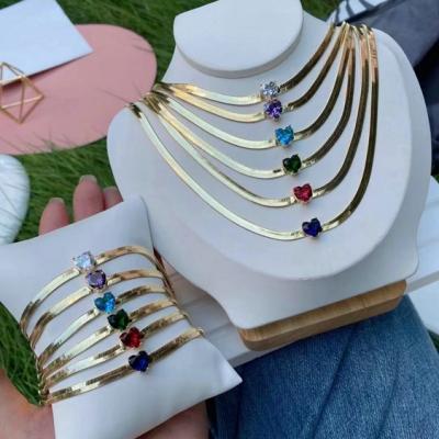 China TRENDY Fashion Jewelry Colorful Pink Zircon Heart Pendant Necklace Gold Flat Snake Bone Chain Zircon Necklace Bracelet Luxury for sale