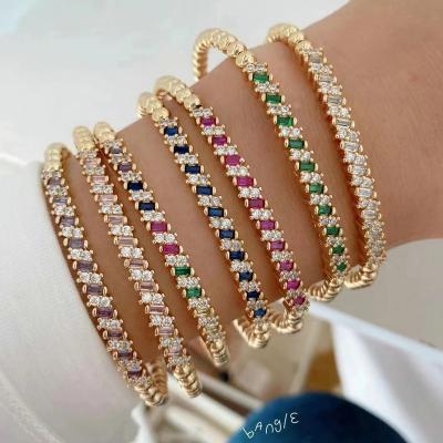 China TRENDY Micro Colorful Square Cubic Zircon Gold Plated Brass Beads Open Bracelet Bangle 2024 for sale