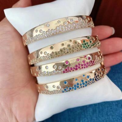 China Decorations Fancy Lady Bangle with Colorful Rainbow Cubic Zircon Women Charm Jewelry 24K Gold Plated Bracelet for sale