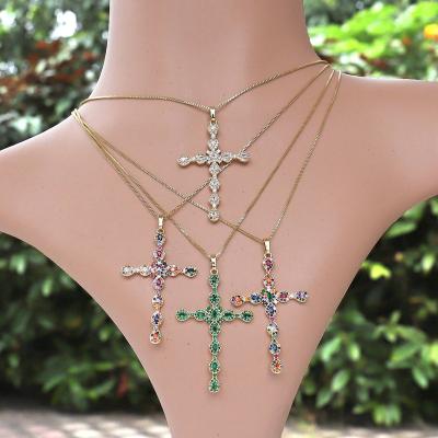 China TRENDY Lux rainbow color  drop shape zircon pave big cross shape faith charms pendant necklace gold thin chain 18