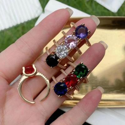 China TRENDY Hot Sale Eternity Real Gold Plated Thin Shiny Wedding Rings Bling Cubic Zirconia CZ Square Shaped Gemstone Adjustable  Ring for sale