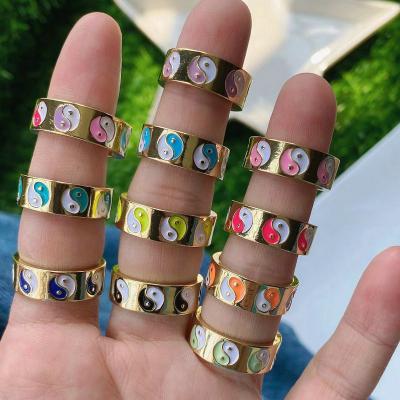 China TRENDY 2024 New New Dainty Multicolor Enamel Oil Drop Chunky Gold Plated Yin Yang Taiqi Chi Adjustable Rings for Women Ladies for sale