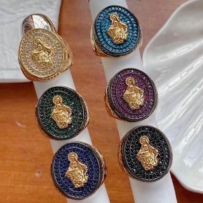 China Cute Personalized Custom 24K Gold Plated Brass Lucky Catholic Religious Rings Colorful CZ Pave Virgin Marys Rings for Girls for sale