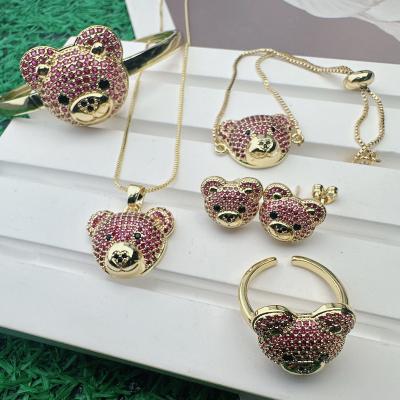 China TRENDY Gold Zircon Jewelry Bear Pendant Necklace Earrings Ring Bangle Pave Bear Jewelry Sets for sale