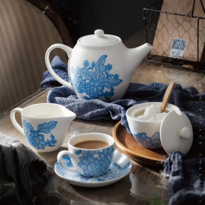 China Chaozhou teapot cup saucer porcelain matte white Turkish coffee set lace workmanship unique viable blue tea set floral design for sale