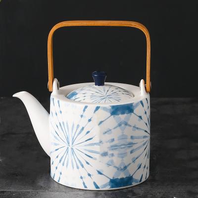 China Viable Blue Pad Printing Hoe Sale Customize Vintage Ceramic Teapot Tea Set Japanese Style Porcelain Ceramic Teapot for sale