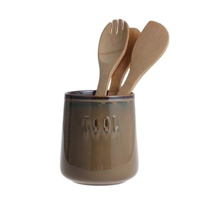 China Kitchen Viable Ware Ceramic Utensil Holder with 3 Pcs Utensil Spoon, Reactive Glazed Embossed Design Cutlery Cookware Holder for sale