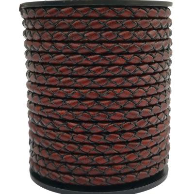 China Bolo Cords Quality 4mm Series Braided Leather Strap Bolo Tie Antique Red Brown Bolo Cord Woven Folded Leather for sale