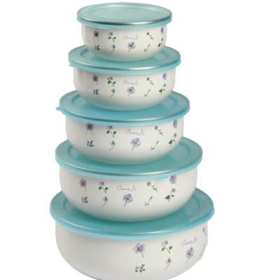 China 10-18cm Sustainable 5 Pcs Flat Bottom Enamel Storage Bowls With Lids for sale