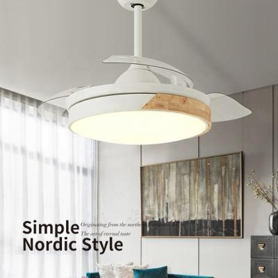 China ABS+Copper+Iron+Solid wood+Glass new product luxury decorative invisible blade white led ceiling fan light with remote control for sale