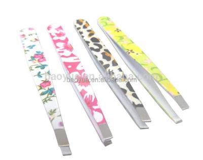 China Eyebrow Plucking Black Painting Good Quality Stainless Steel Slanted Eyebrow Tweezers With Gold Stamping Bamboo Tree Pattern for sale