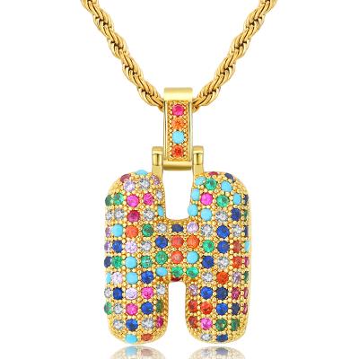 China Hiphop Rainbow Zircon Box Chain European Gold Plated Colorful CZ Crystal Alphabet Necklace Initial Letter Necklace for sale